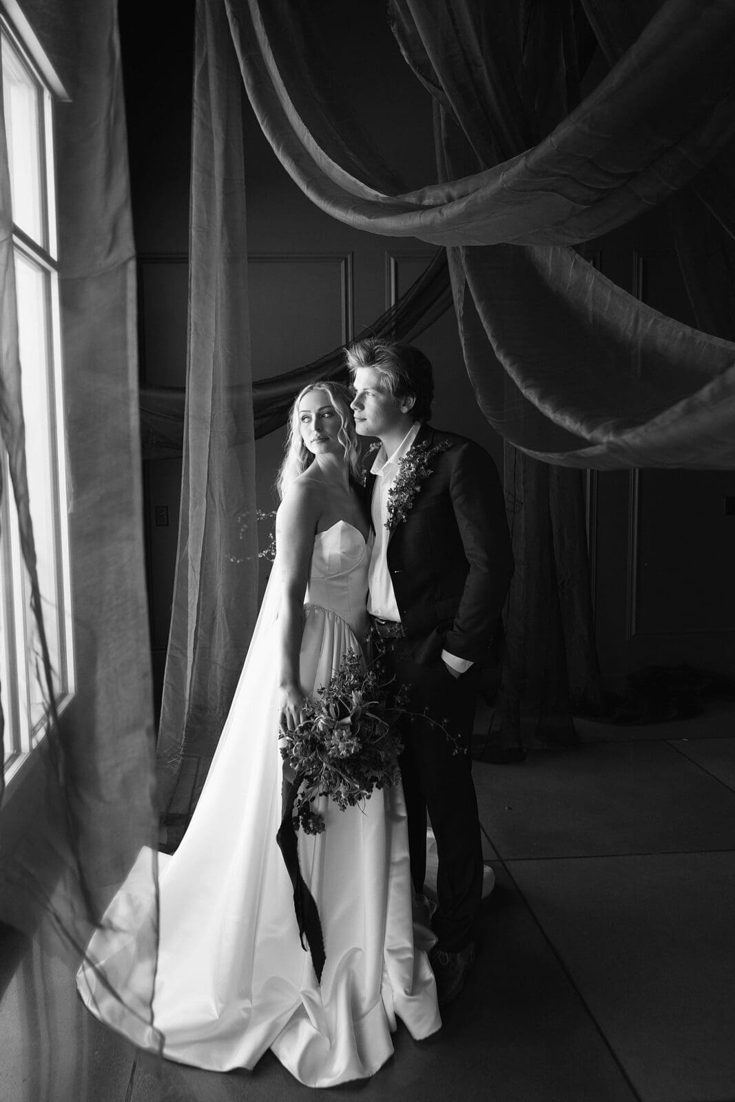 Fuchsia Purple Draping, Tulips, Wedding Reception Table & Bride & Groom Portraits, Lincoln, NE | Editorial Wedding Photographer