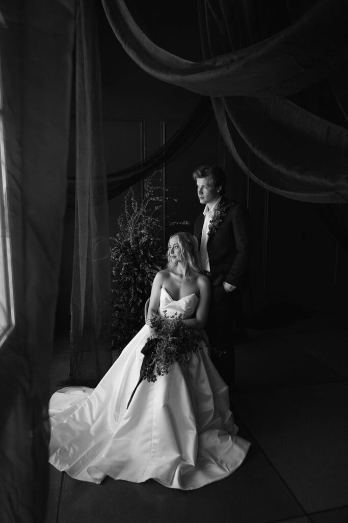 Classic bride and groom portrait Fuchsia Purple Draping, Tulips, Wedding Reception Table & Bride & Groom Portraits, Lincoln, NE | Editorial Wedding Photographer