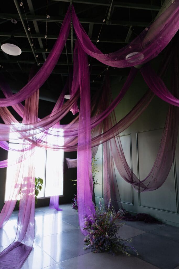 Fuchsia Purple Draping, Tulips, Wedding Reception Table & Bride & Groom Portraits, Lincoln, NE | Editorial Wedding Photographer