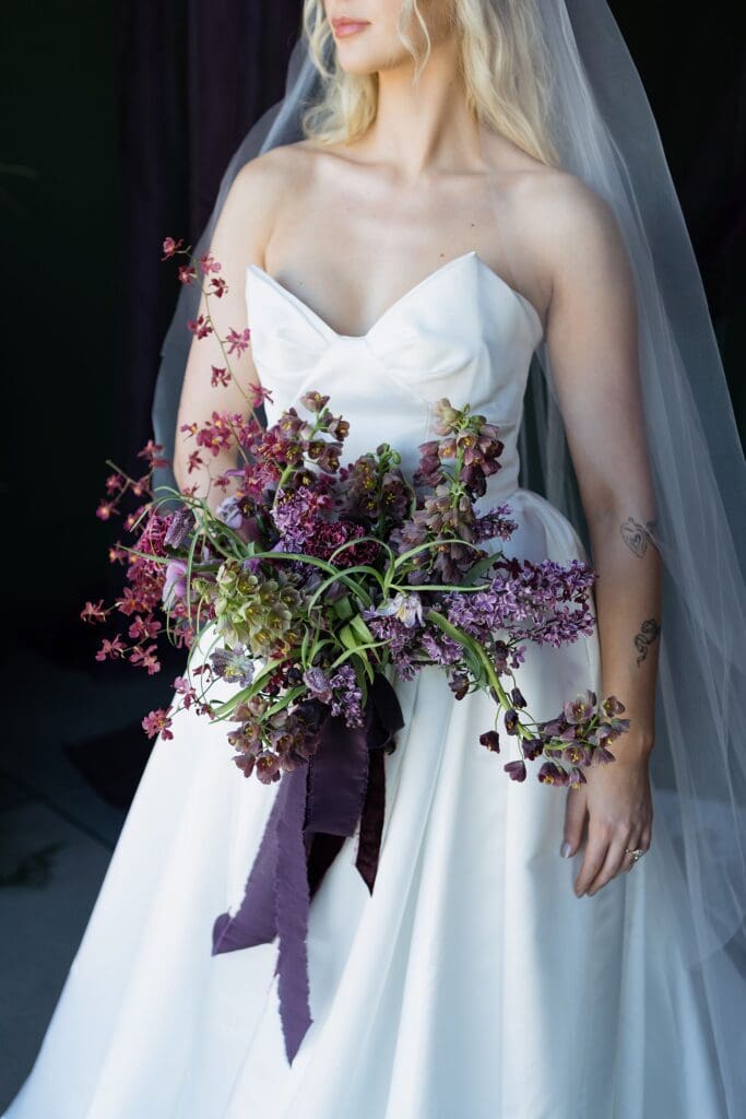 Fuchsia Purple Draping, Tulips, Wedding Reception Table & Bride & Groom Portraits, Lincoln, NE | Editorial Wedding Photographer