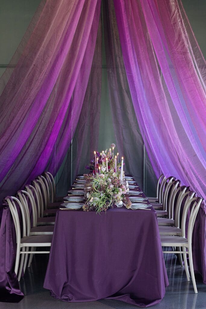 Fuchsia Purple Draping, Tulips, Wedding Reception Table & Bride & Groom Portraits, Lincoln, NE | Editorial Wedding Photographer
