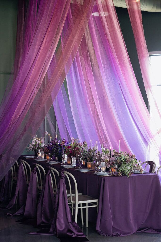 Fuchsia Purple Draping, Tulips, Wedding Reception Table & Bride & Groom Portraits, Lincoln, NE | Editorial Wedding Photographer