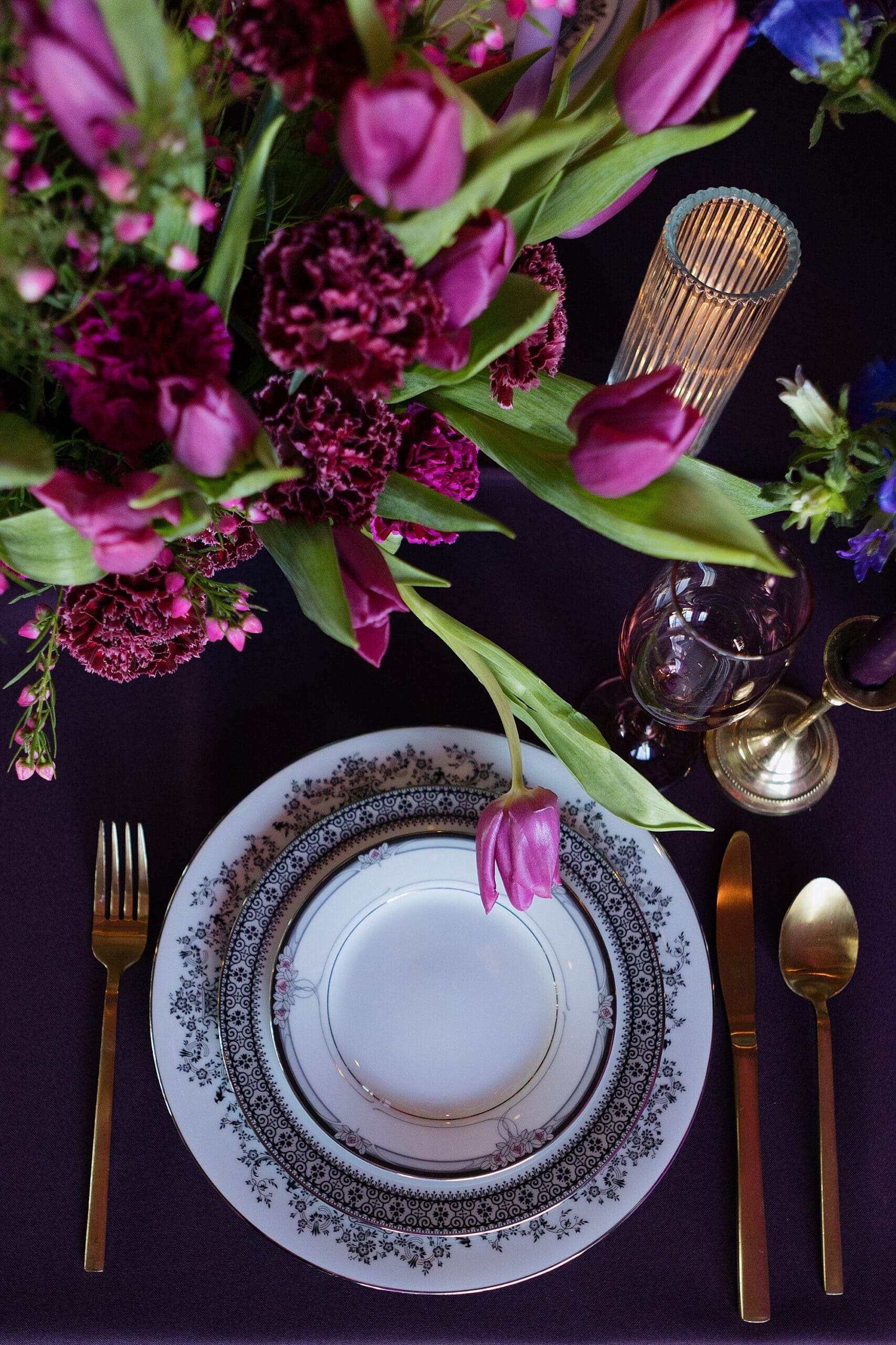 Fuchsia Purple Draping, Tulips, Wedding Reception Table & Bride & Groom Portraits, Lincoln, NE | Editorial Wedding Photographer