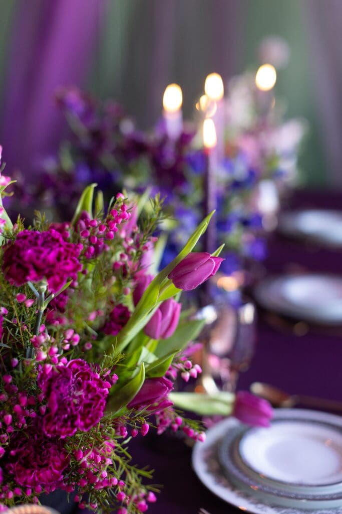 Fuchsia Purple Draping, Tulips, Wedding Reception Table & Bride & Groom Portraits, Lincoln, NE | Editorial Wedding Photographer